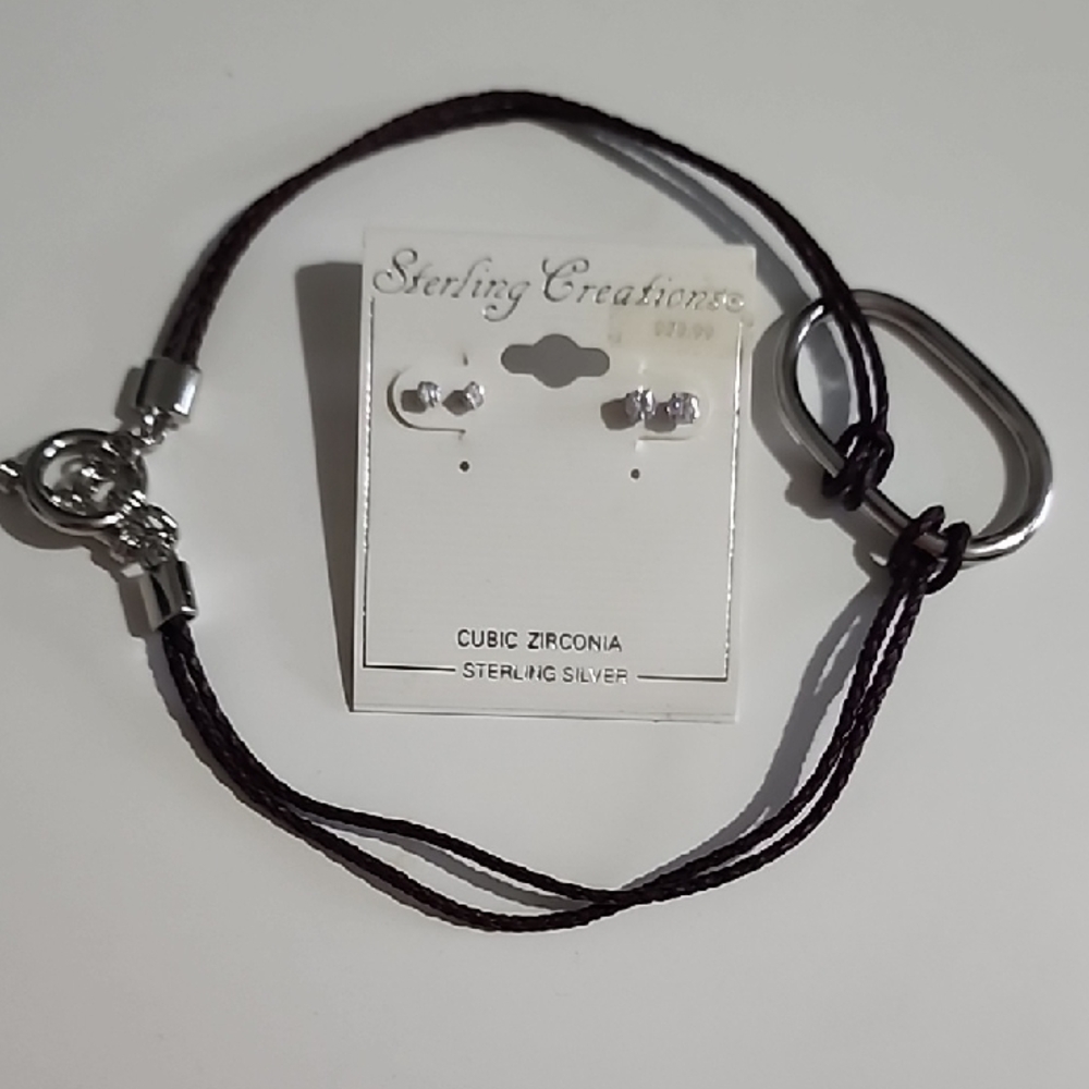 Sterling Creations Silver Earrings and Black Bracelet Set